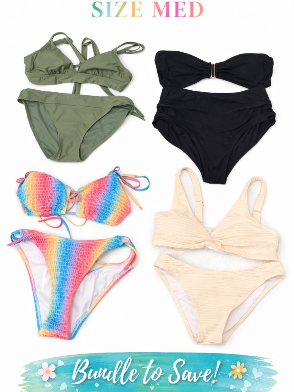 Women’s Swimsuit Bundle Size M (4 Sets) Ivory + Green + Black + Rainbow Bikini